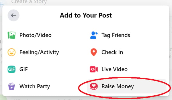 Facebook fundraiser: quick links in Facebook with Raise Money icon encircled