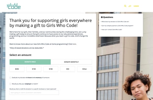 A screenshot of the Girls Who Code donation page