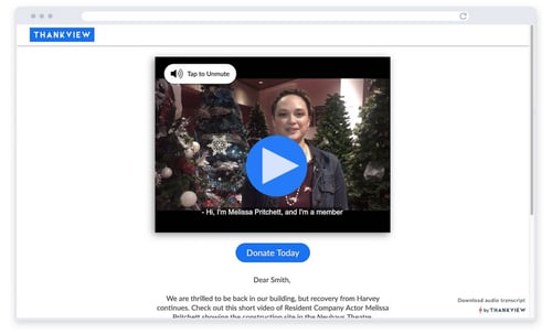 A screenshot of a ThankView video on a donation page