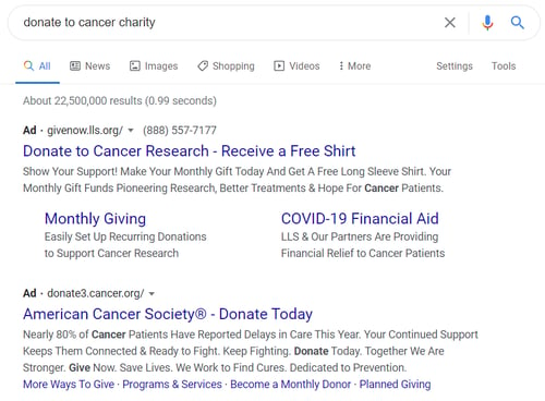 nonprofit resources: donate to cancer charity in google search tab