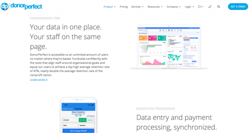 donor management software: Screenshot of the DonorPerfect website
