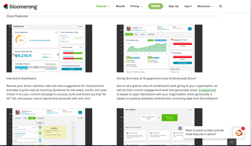 donor management software: Screenshot showing the features of Bloomerang