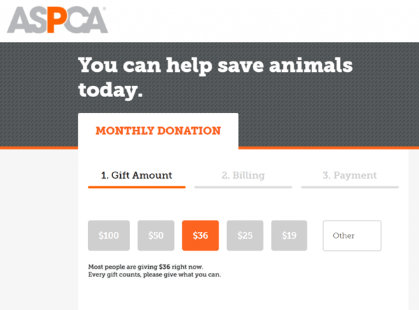 Screenshot of the ASPCA donation page