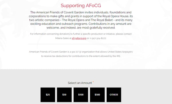 fundraising page: Screenshot of a page from The American Friends of Covent Garden website