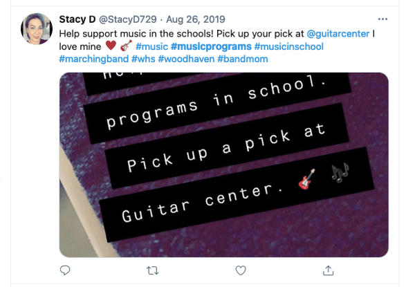 social media fundraising: Stacy D post: pick up a pick at guitar center