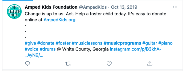 social media fundraising: post of Amped Kids Foundation