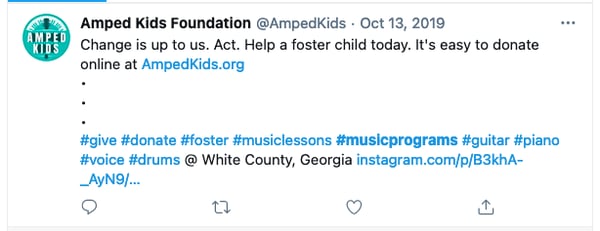 social media fundraising: post of Amped Kids Foundation