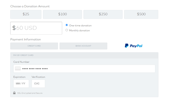 Screenshot of a donation page that has PayPal as the payment option