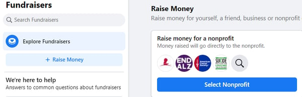 Facebook fundraiser home page 